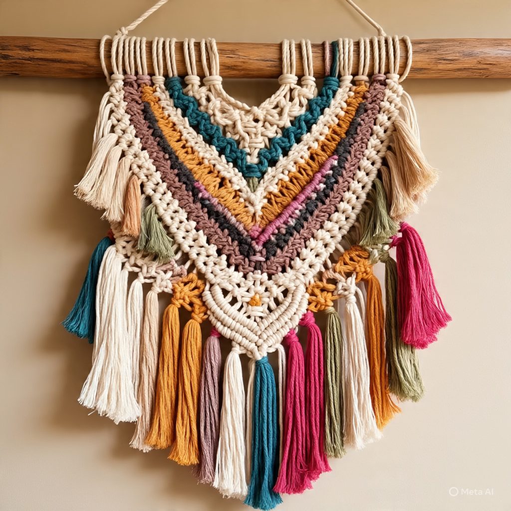 Artistic multicolor macrame wall hanging with mixed fibers in a creative boho interior