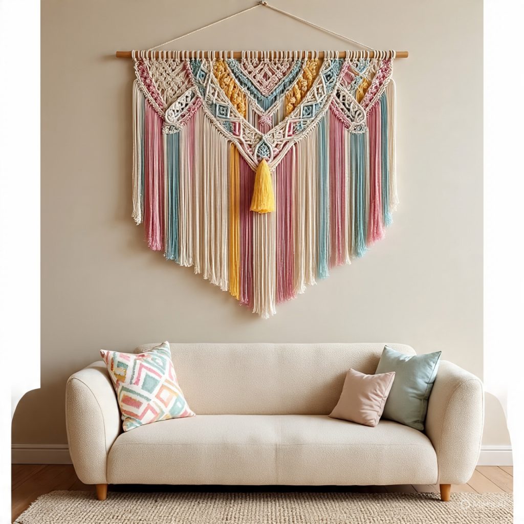 Oversized pastel macrame wall hanging creating elegant boho wall decor