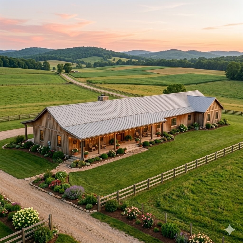 Luxury countryside ranch house with large windows and landscape view