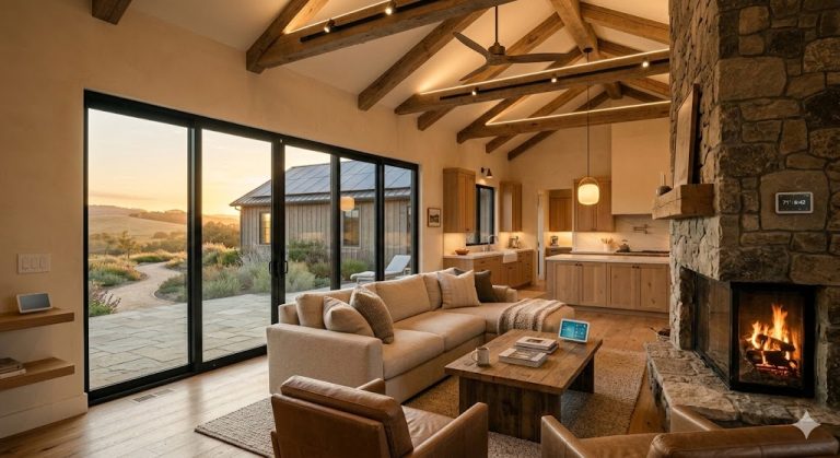 Modern countryside ranch house interior combining rustic wood and stone with subtle smart technology and sustainable features