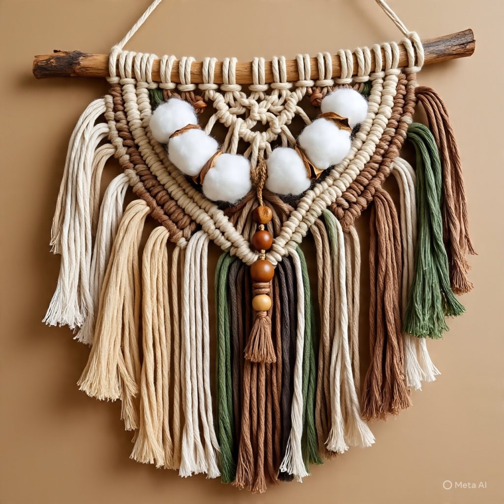 Mixed fiber macrame wall hanging with artistic texture and layers