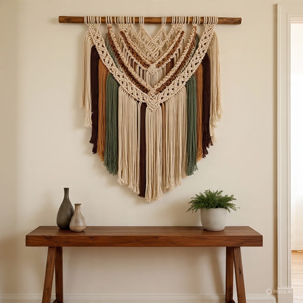 Macrame wall hanging adding texture to a stylish entryway