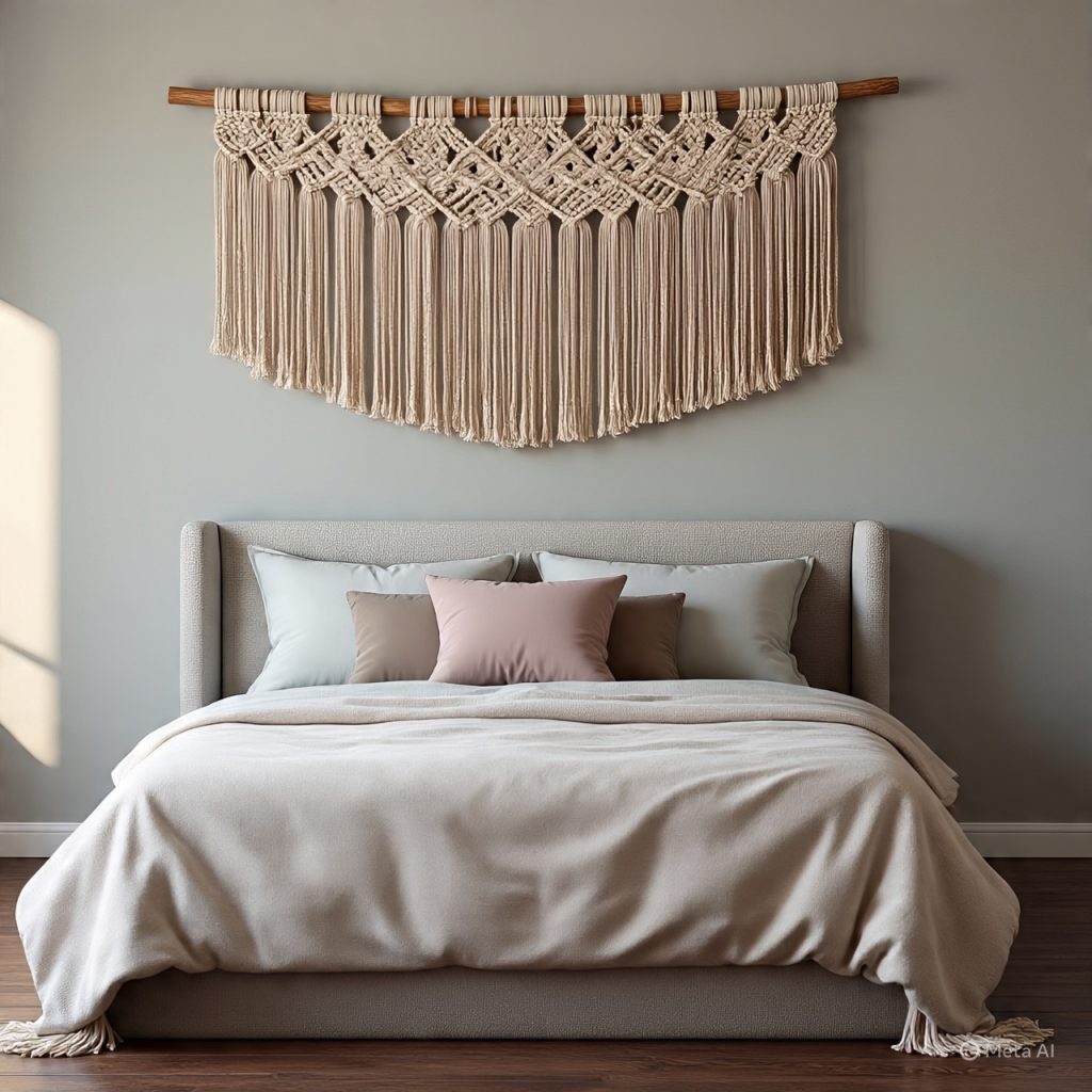 Macrame wall hanging creating calm bedroom decor