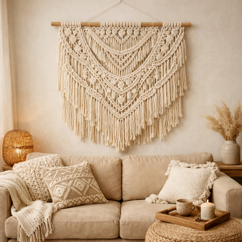 Ivory single-color macrame wall hanging with detailed knots above a neutral sofa in a cozy Bohemian room