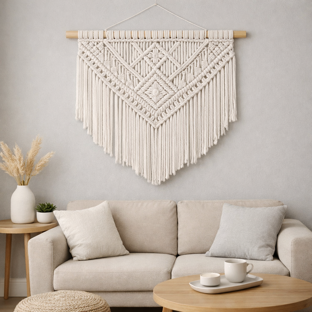 White geometric macramé wall hanging on a gray wall in a minimalist modern interior