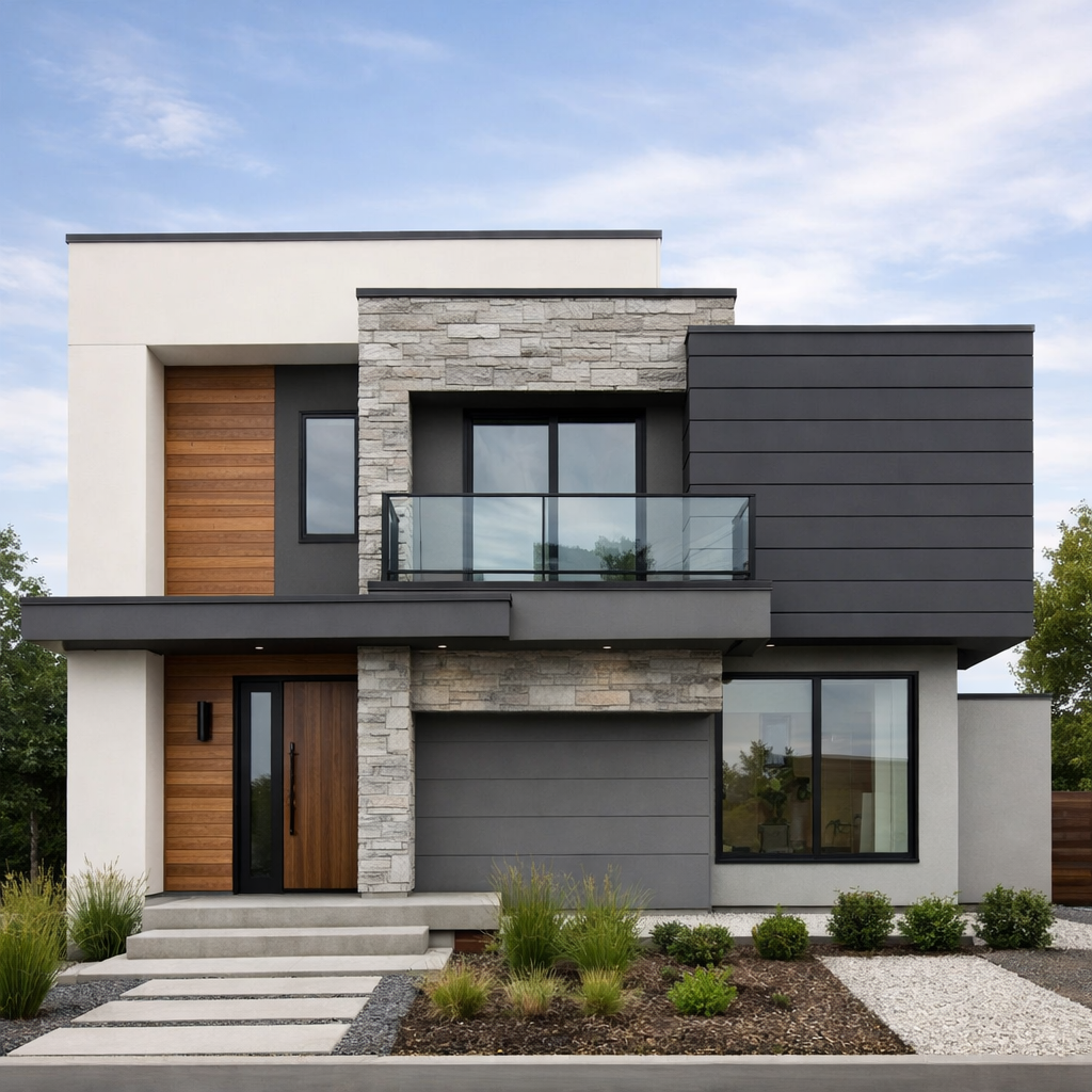 Box style small house front elevation with modern geometric design