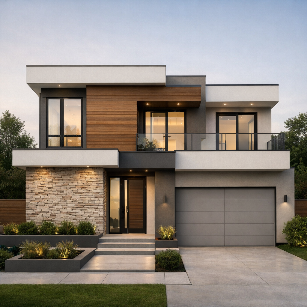 Box style 2 floor house elevation with modern geometric design