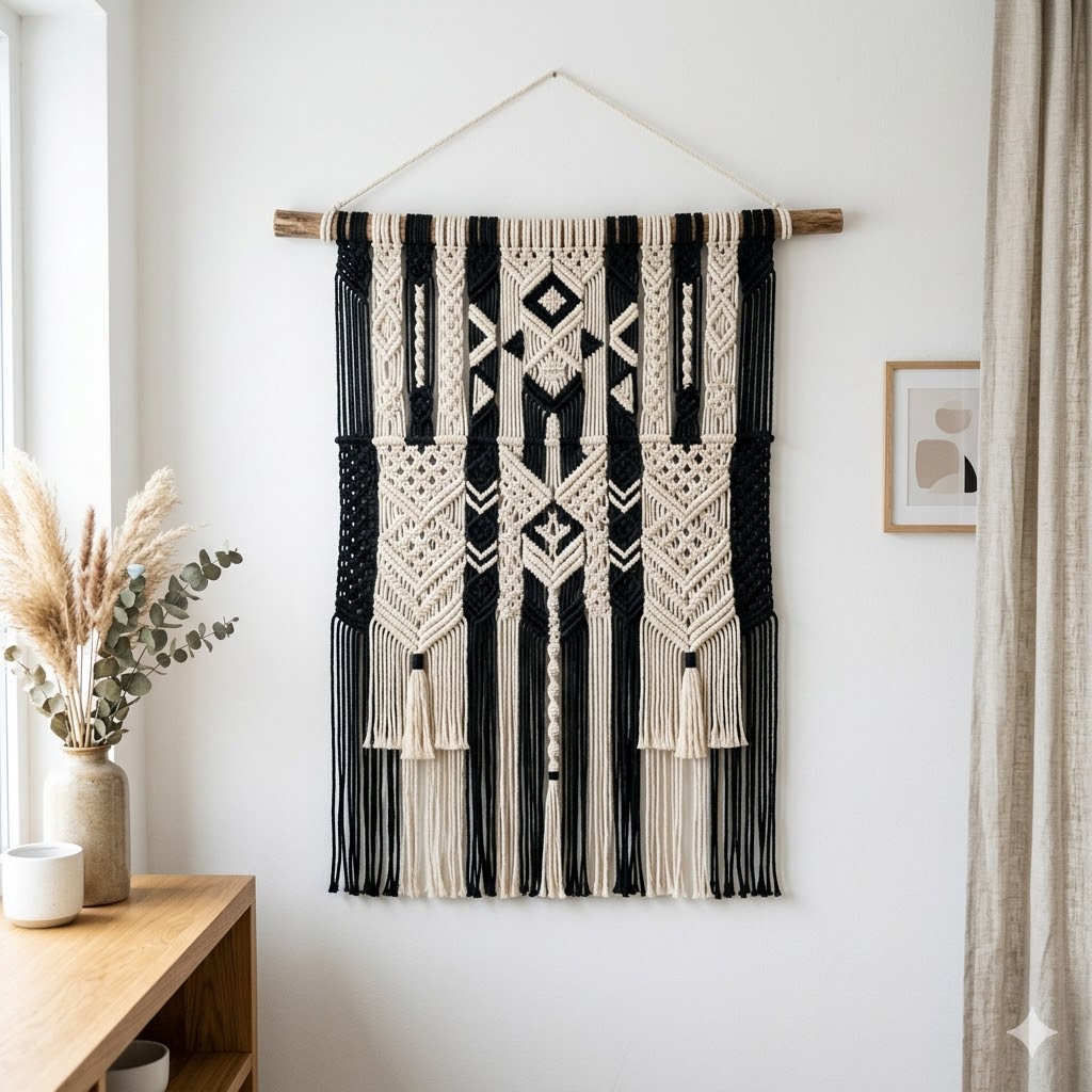 Black and ivory two-tone macrame wall hanging with bold contrast in a modern bohemian interior