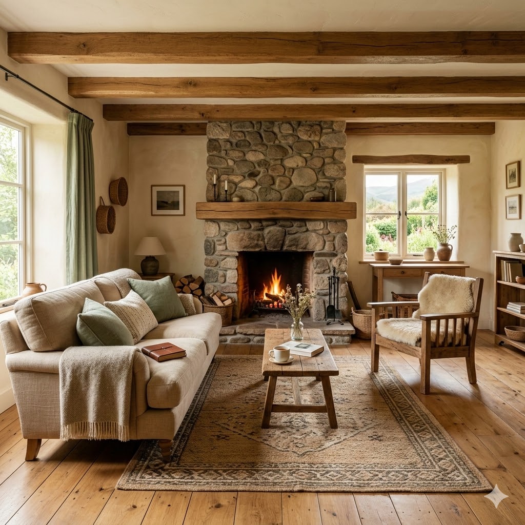 Warm and inviting interior of a countryside ranch house with natural wood floors, exposed beams, stone fireplace, and rustic textures