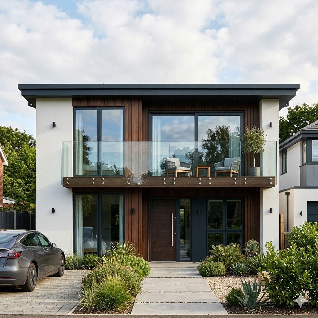 2 floor house elevation featuring modern balcony design