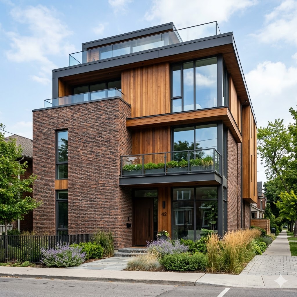 Modern brick elevation with wood panel combination