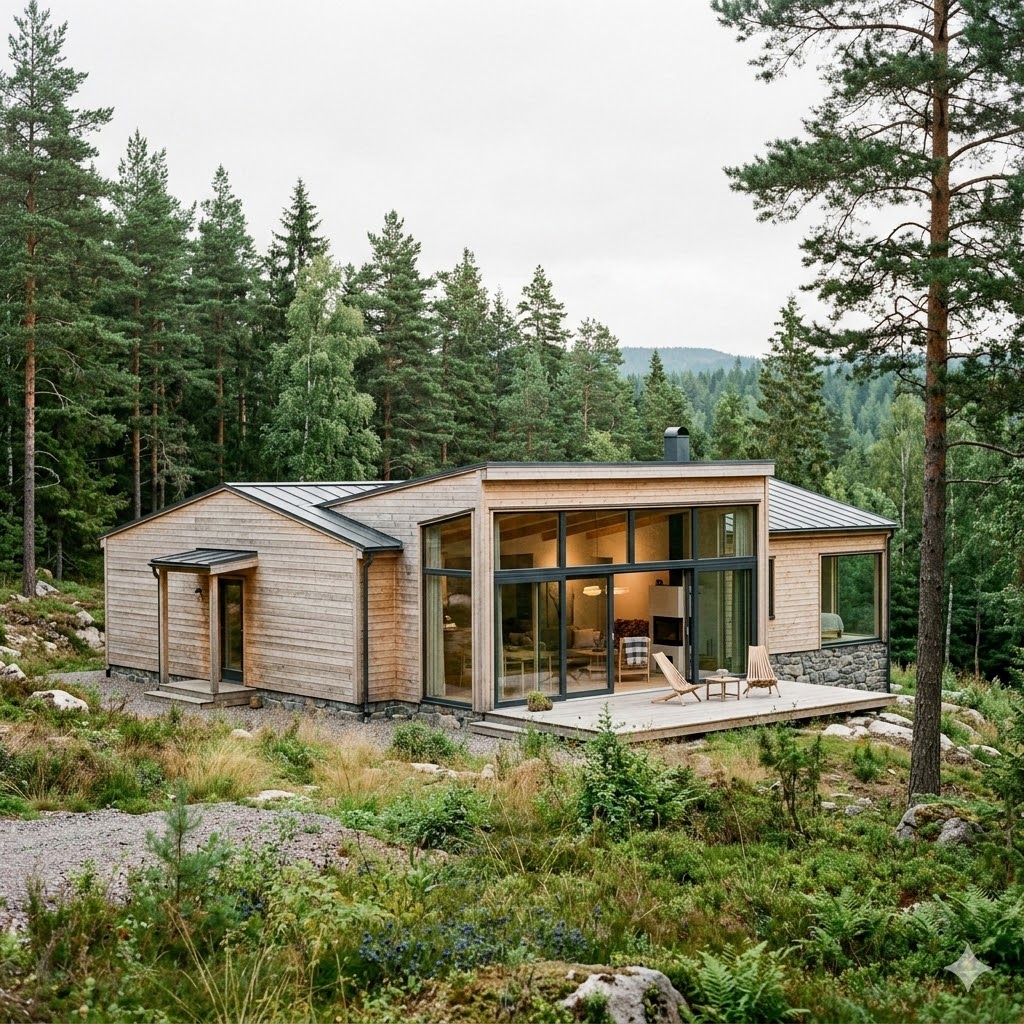 Modern countryside ranch house exterior with natural wood and stone