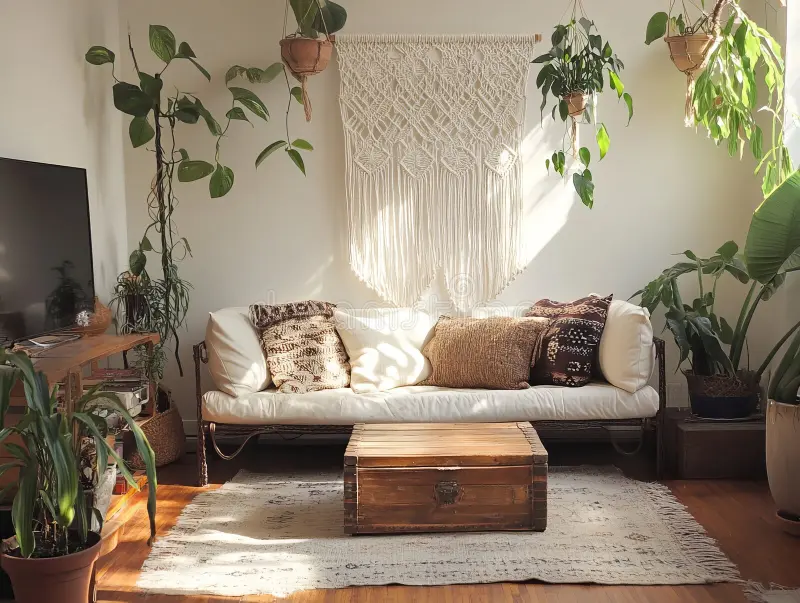 Beige macramé wall hanging above a wooden console, indoor plants nearby, warm natural lighting, earthy Bohemian décor