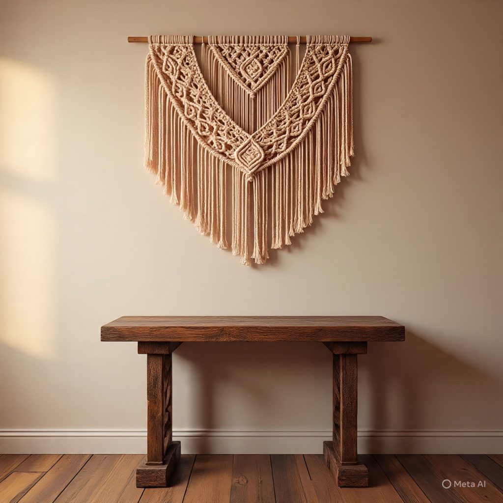 Soft peach pastel macrame wall hanging in an elegant boho living room