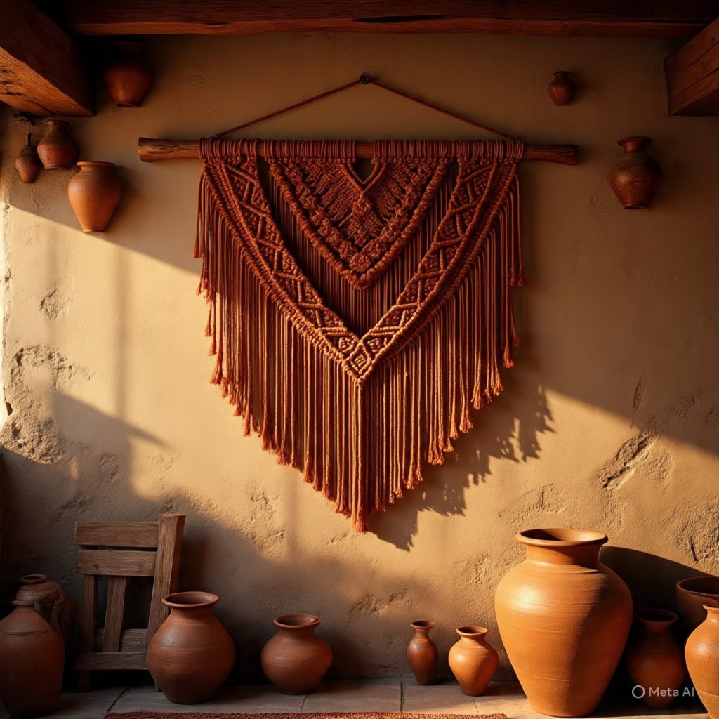 Terracotta macramé wall hanging with fringe in a rustic living room with clay and wooden decor