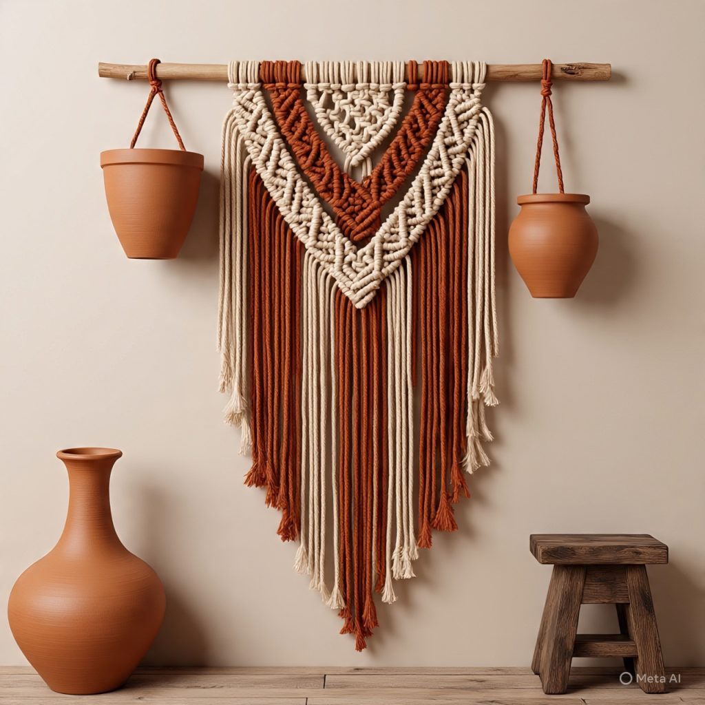 Terracotta and sand two-tone macrame wall hanging in a warm earthy bohemian interior