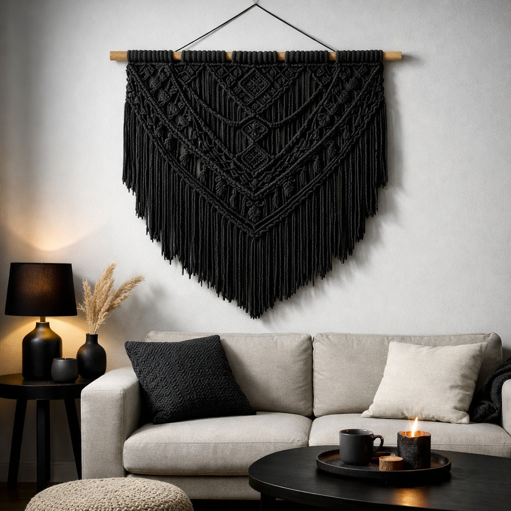 Charcoal black macramé wall hanging on white wall with dramatic lighting in a modern Bohemian living room