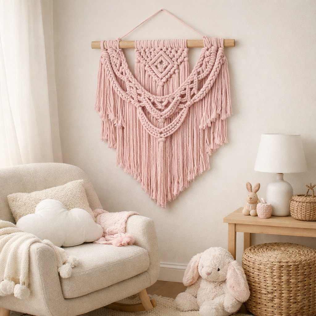 Soft pastel pink macramé wall hanging in a cozy nursery corner with soft fabrics and natural light