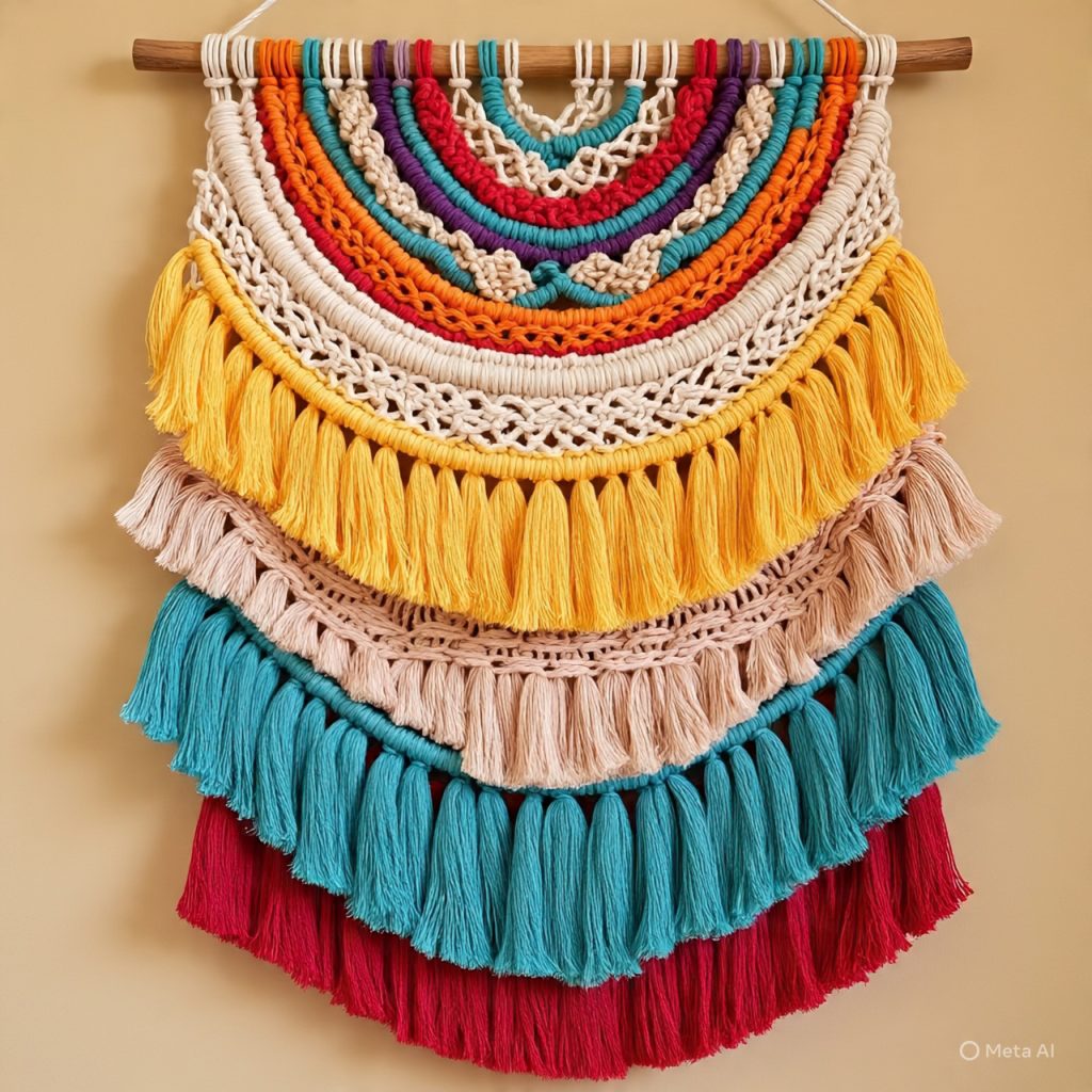 Layered macrame wall hanging with textured multi tier design