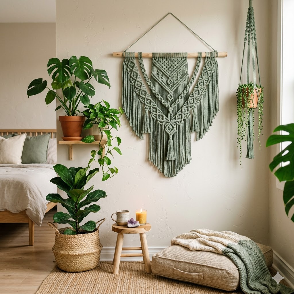 Sage green macramé wall hanging with indoor plants in a calm Bohemian meditation corner