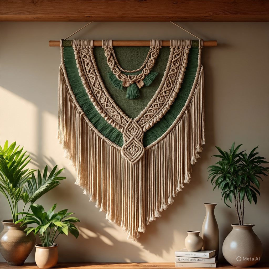 Green and beige two-tone macrame wall hanging in a nature inspired bohemian interior