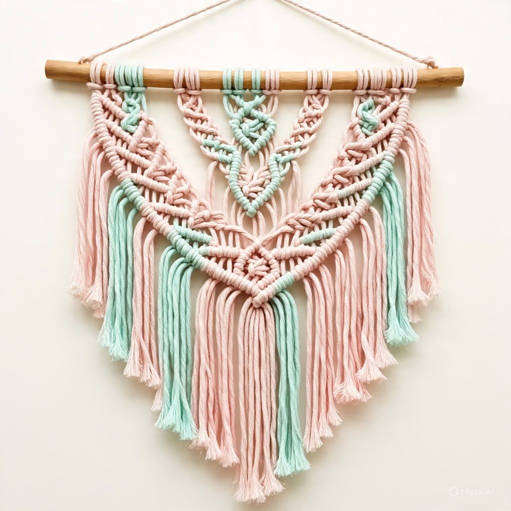 Pastel macrame wall hanging in soft boho color palette