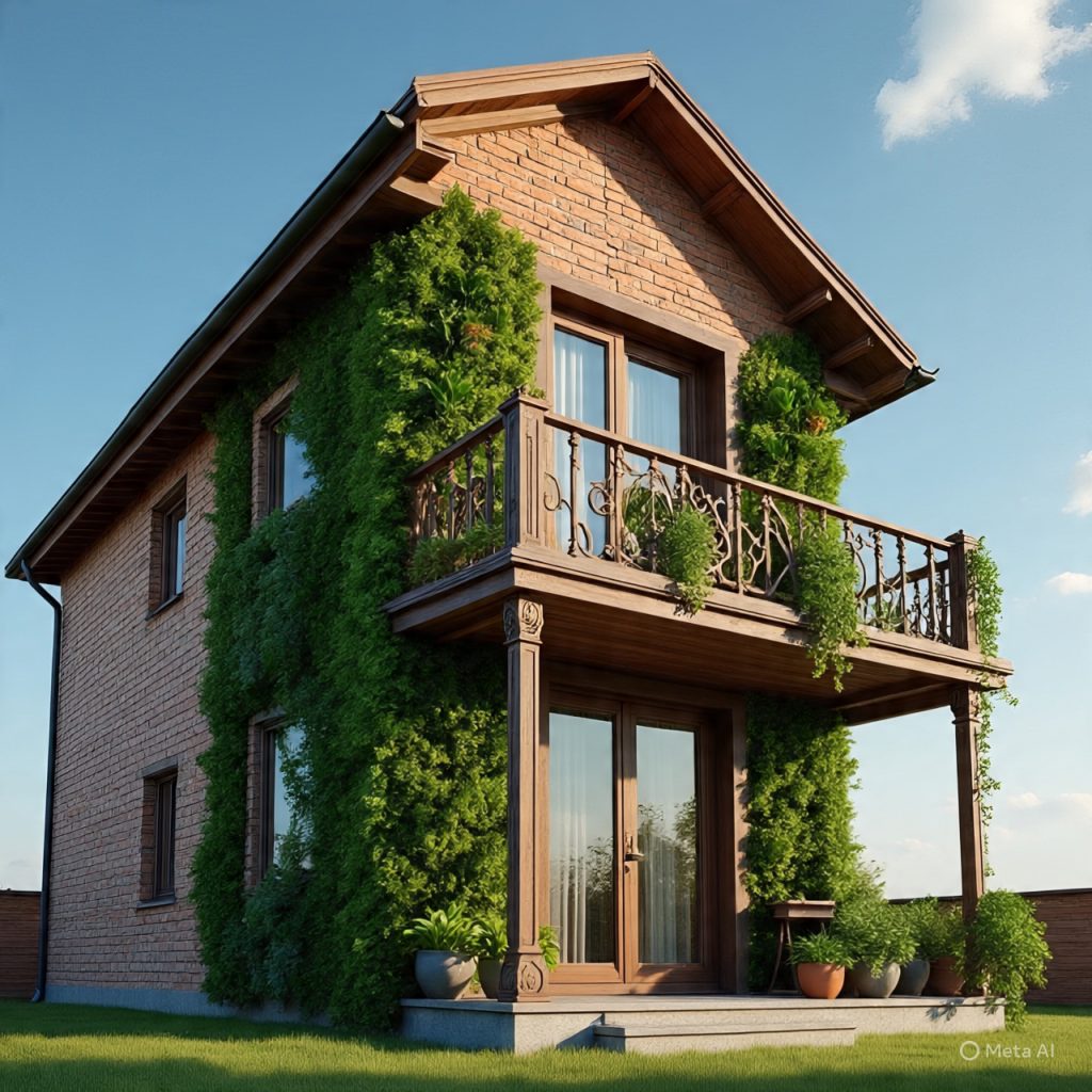 Small house front elevation decorated with greenery and plants