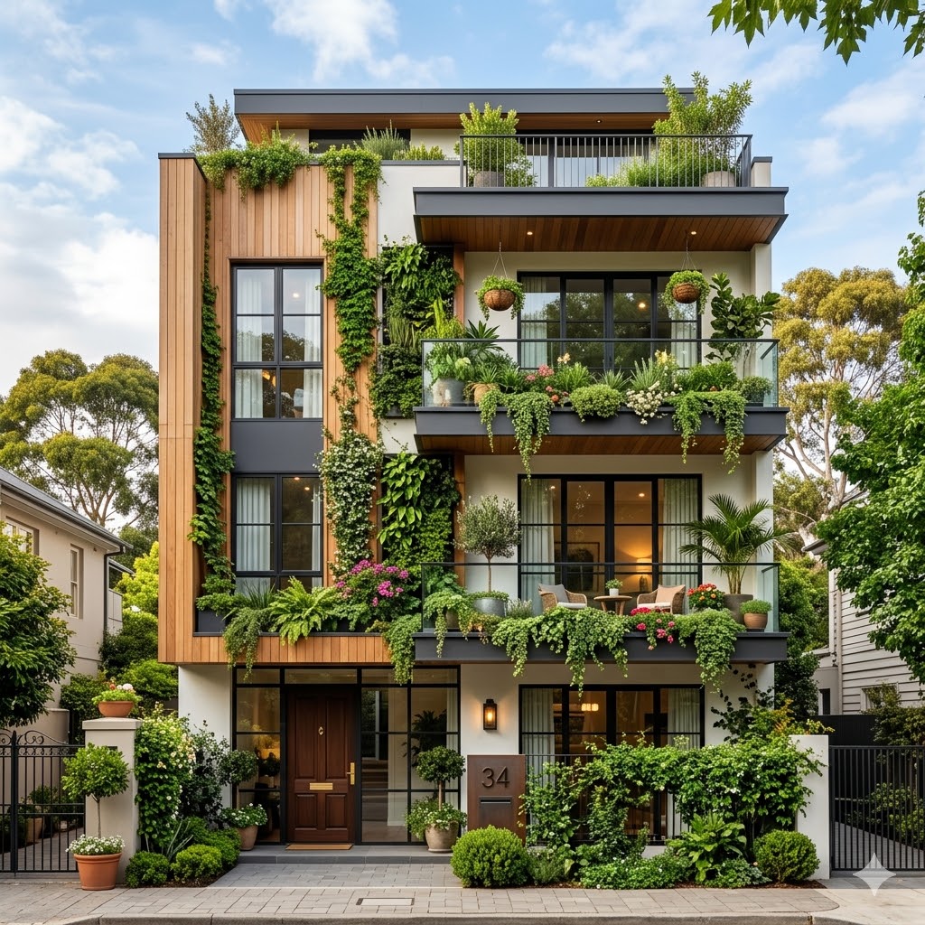 3 floor house elevation decorated with greenery and plants
