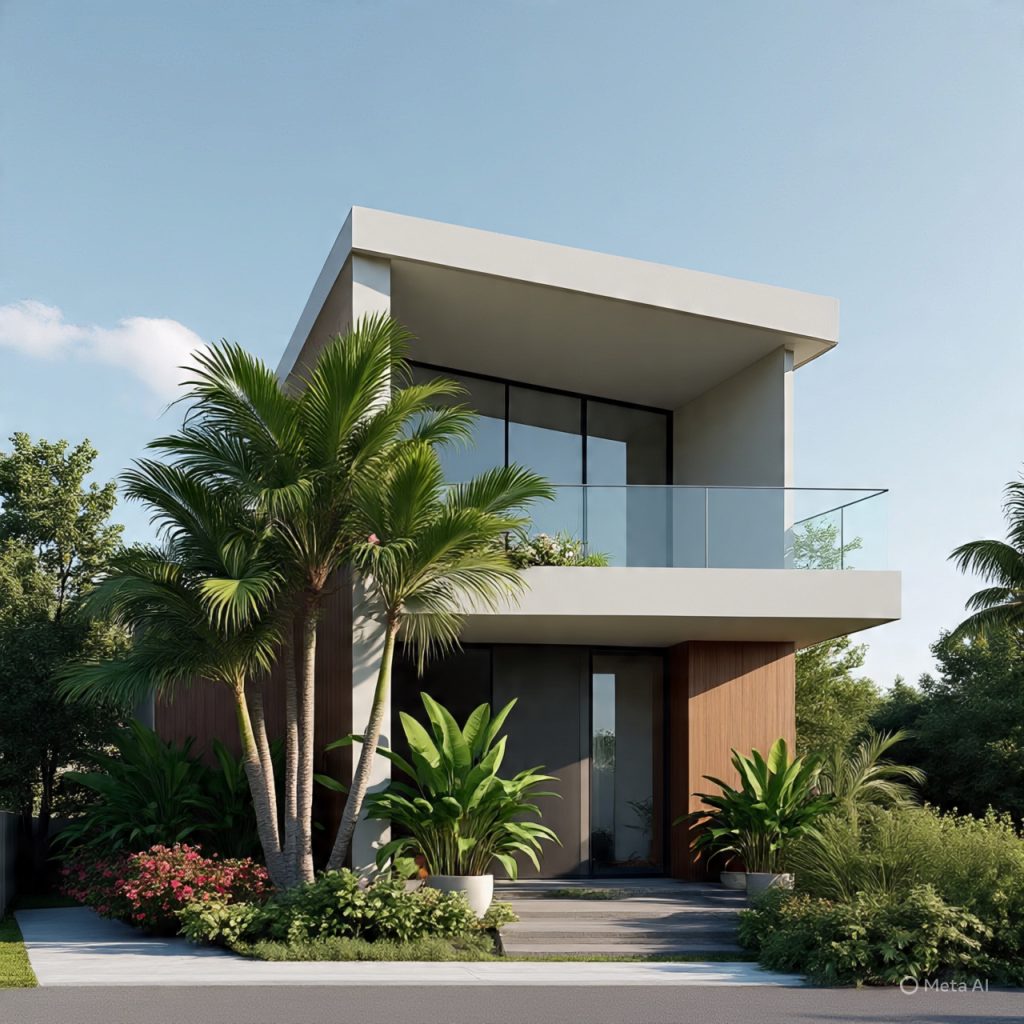 2 floor house elevation decorated with plants and greenery