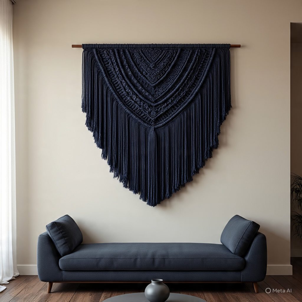 Deep indigo macramé wall hanging with layered fringe in a modern Bohemian living room