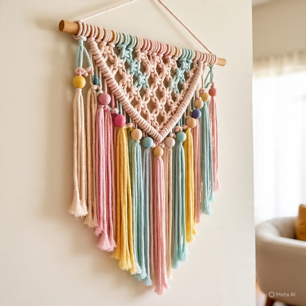 Pastel macrame wall hanging with natural wooden beads