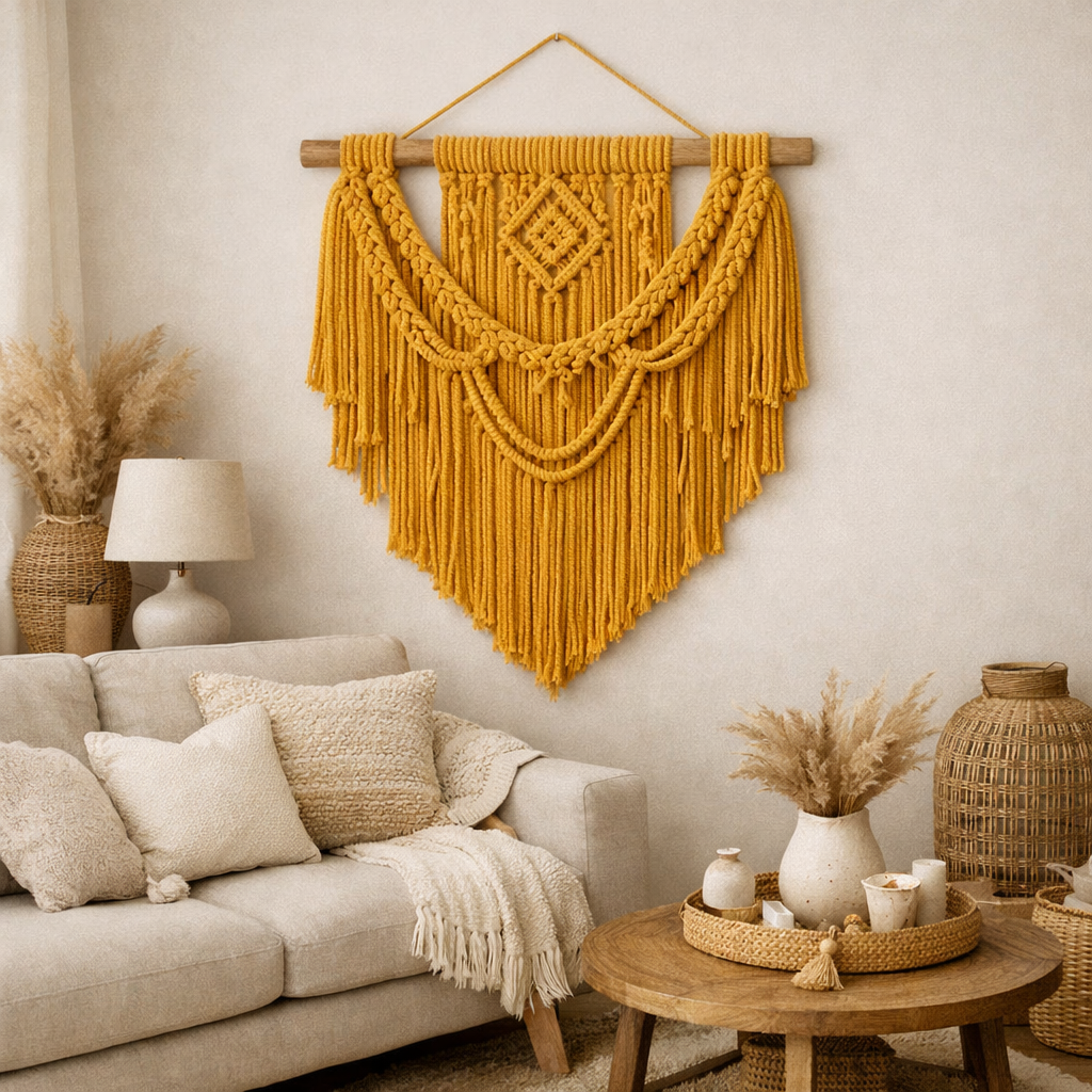 Warm mustard macramé wall hanging as an accent above sofa in a cozy Bohemian living room