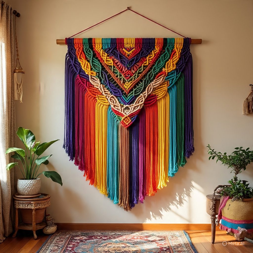 Rainbow multicolor macrame wall hanging creating vibrant artistic boho wall decor