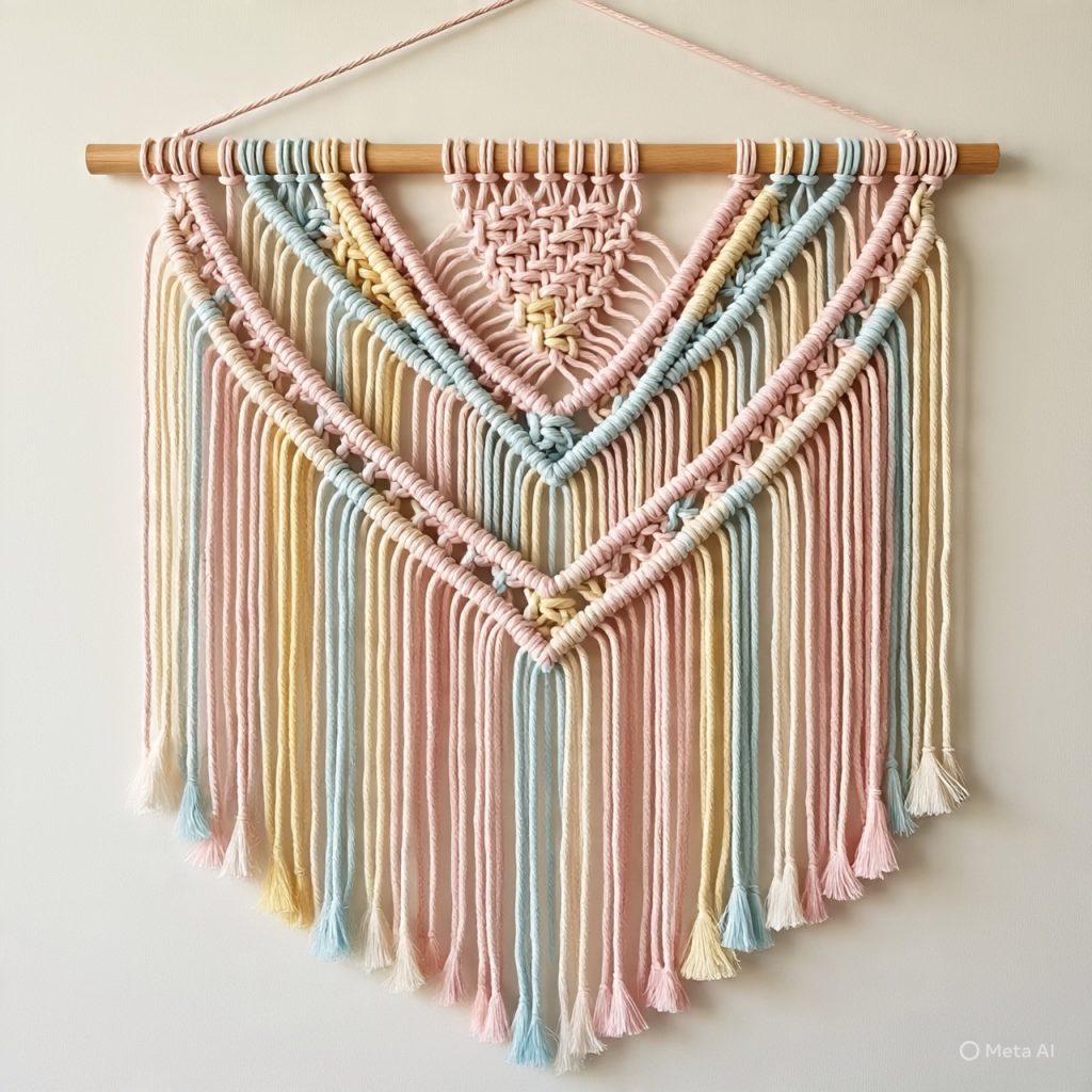 Geometric pastel macrame wall hanging with modern boho design