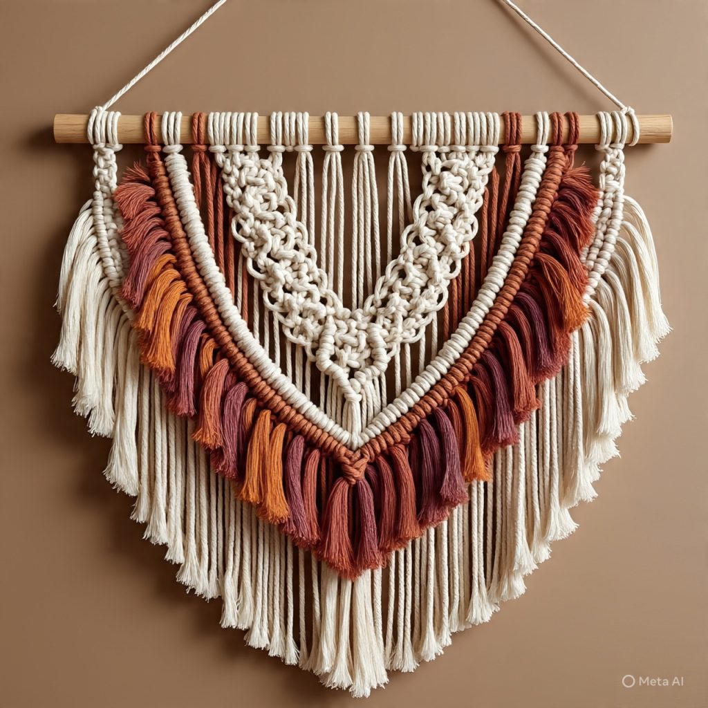 Layered macrame wall hanging creating textured boho wall decor