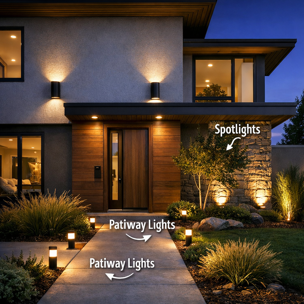 types of exterior lighting house front wall lights spotlights pathway modern design