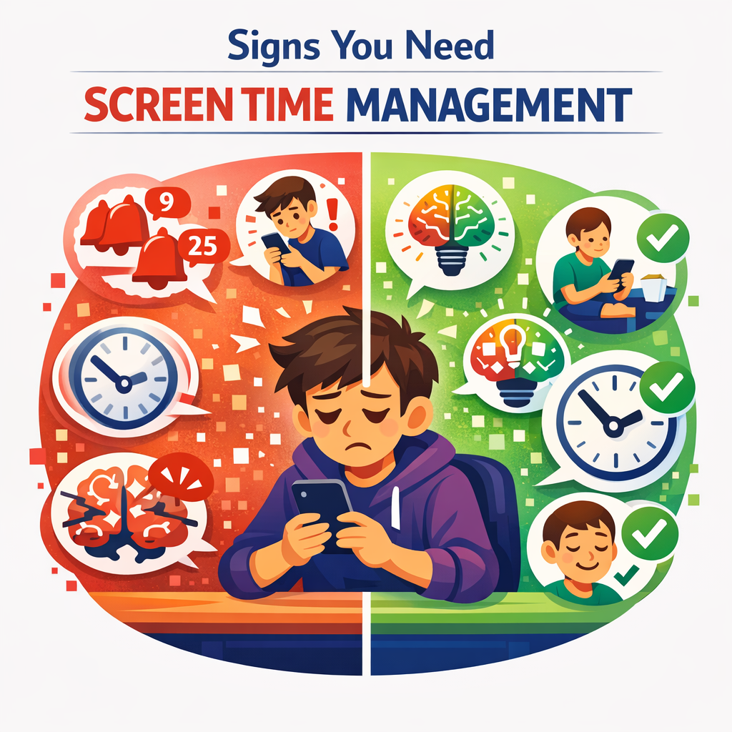 Square illustration showing signs you need screen time management: A person surrounded by warning icons including constant phone checking, loss of focus, anxiety without device, lost time on apps, and mental fatigue. Text overlay: Signs You Need Screen Time Management"