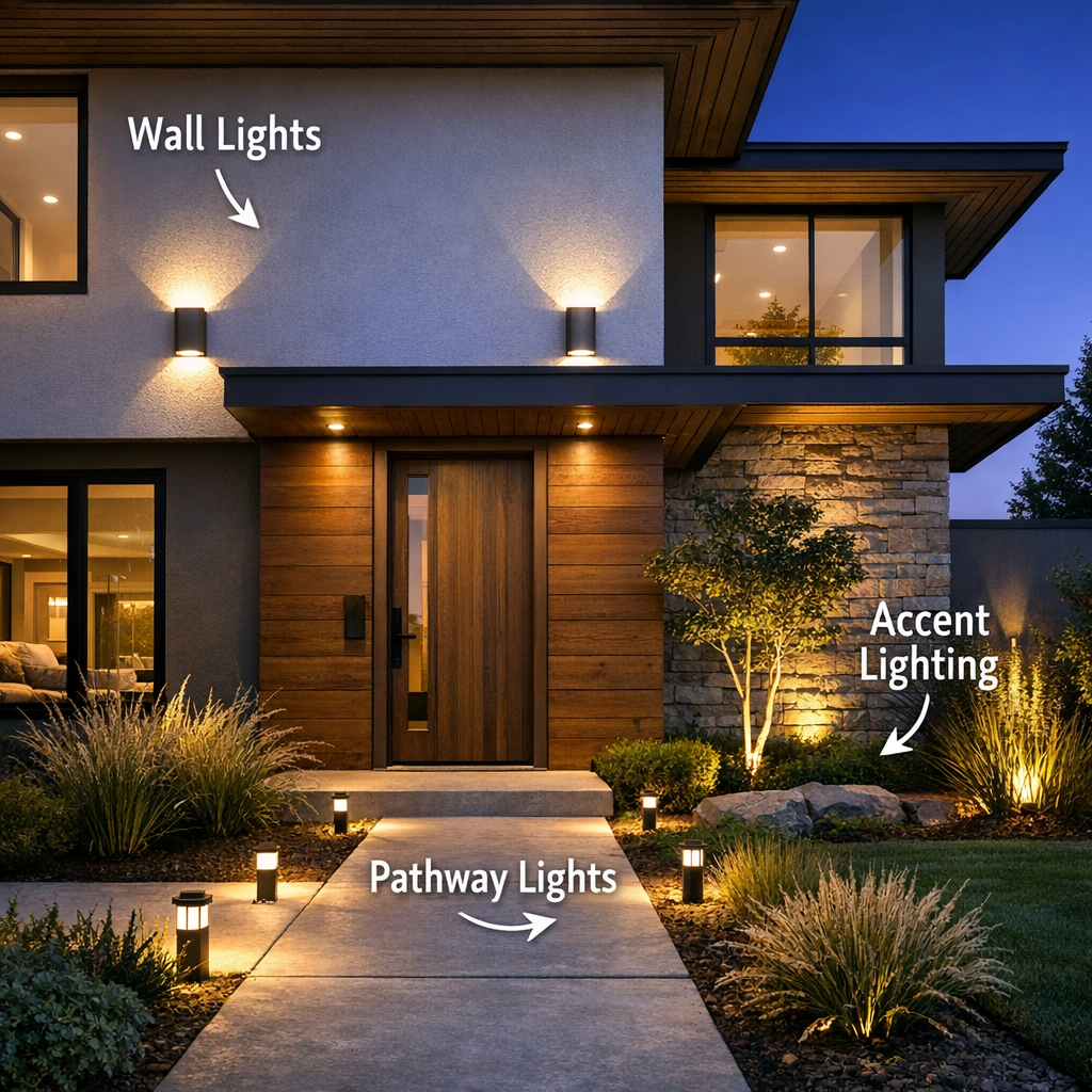 exterior lighting for house front facade wall lights pathway lighting design concept