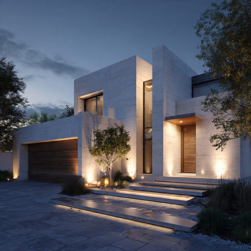 exterior lighting placement house front facade wall entrance pathway design