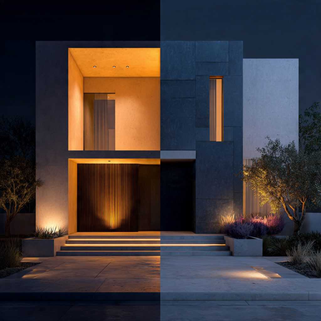 exterior lighting color warm vs cool house front facade design comparison