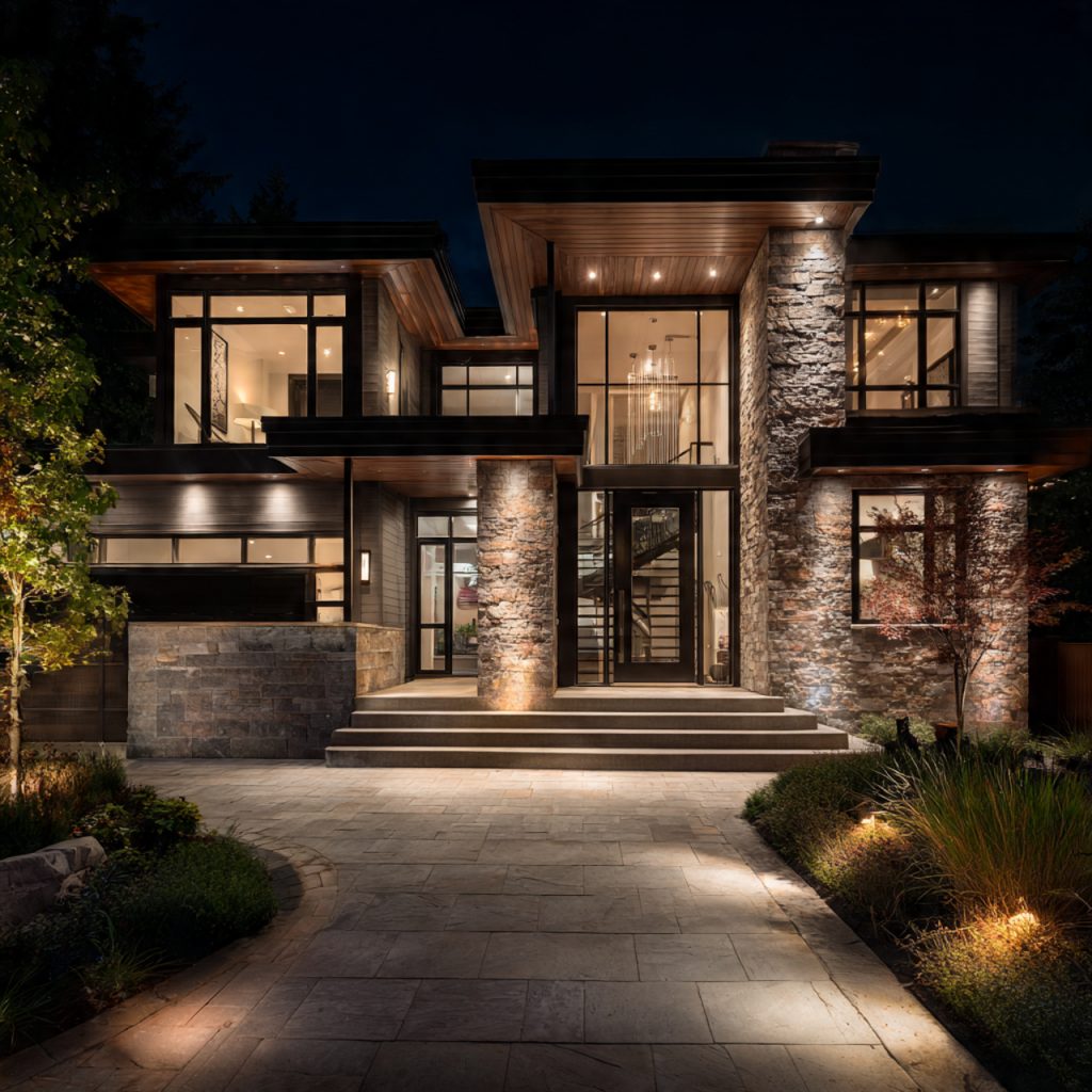 highlight front elevation features lighting modern house facade accent wall entrance