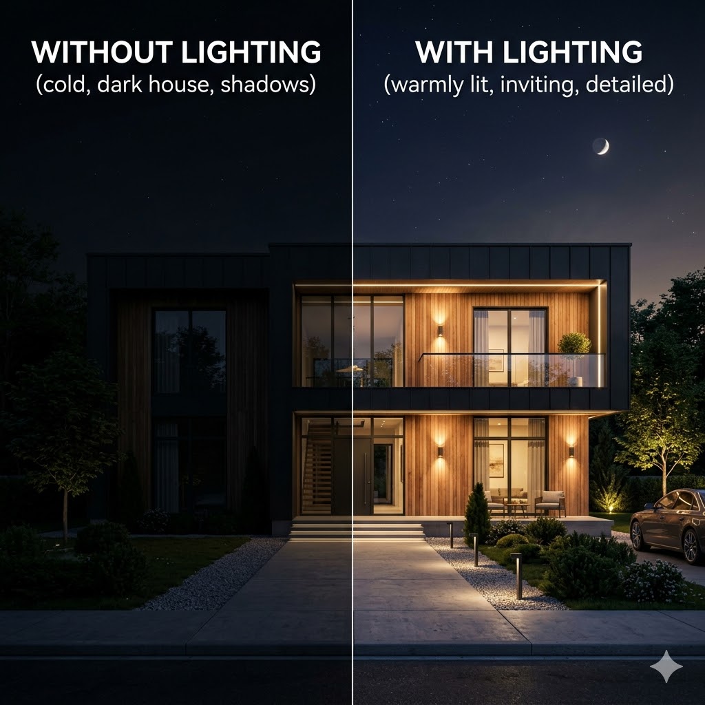 importance of exterior lighting house front before after night facade design