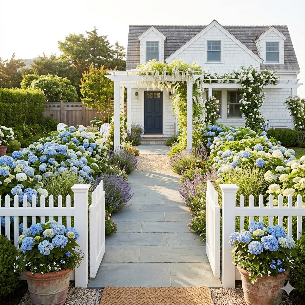 Hamptons style garden entrance with white fence and hydrangeas