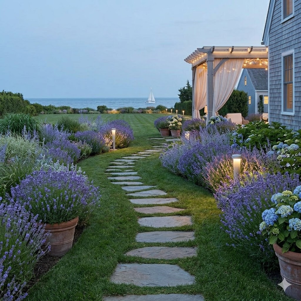 coastal garden pathway with stepping stones and lavender