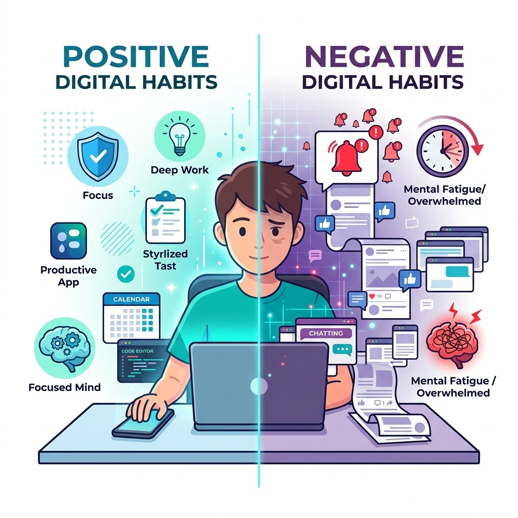 Illustration explaining digital habits: A person surrounded by technology icons showing both positive habits like focused work and negative habits like endless scrolling and notification overload. Text overlay: What Are Digital Habits?