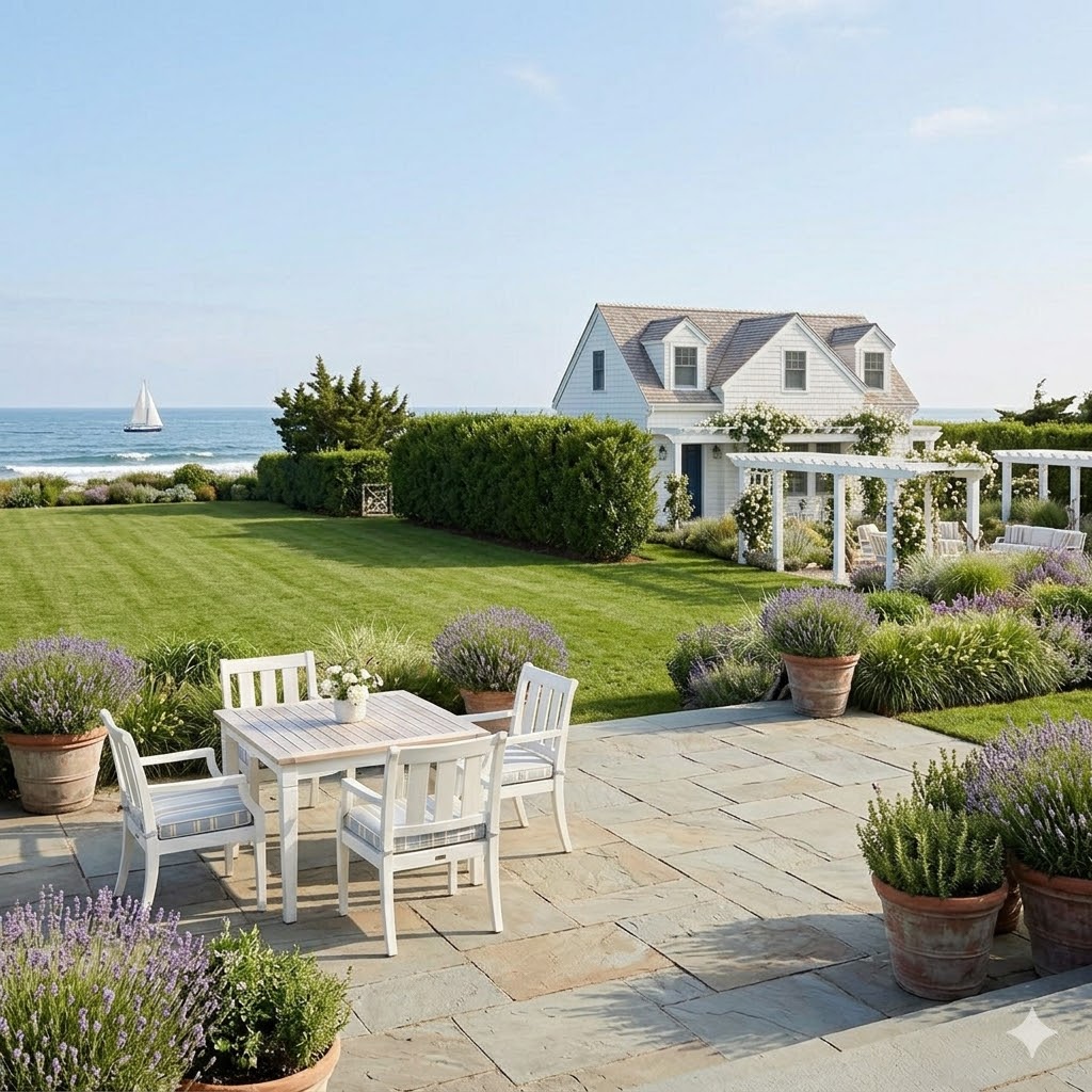 coastal garden with gravel path and soft neutral landscaping