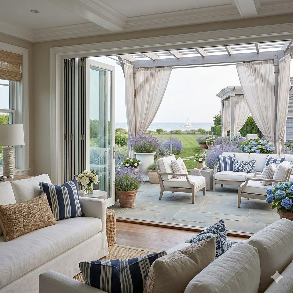 Hamptons home featuring a wide-open transition between a light-filled living room and a lush coastal garden