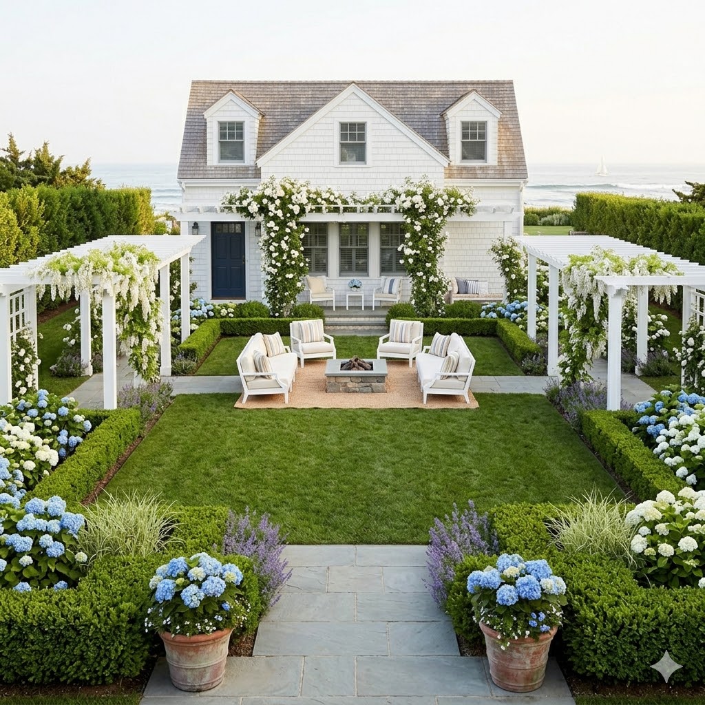 symmetrical Hamptons inspired coastal garden layout design