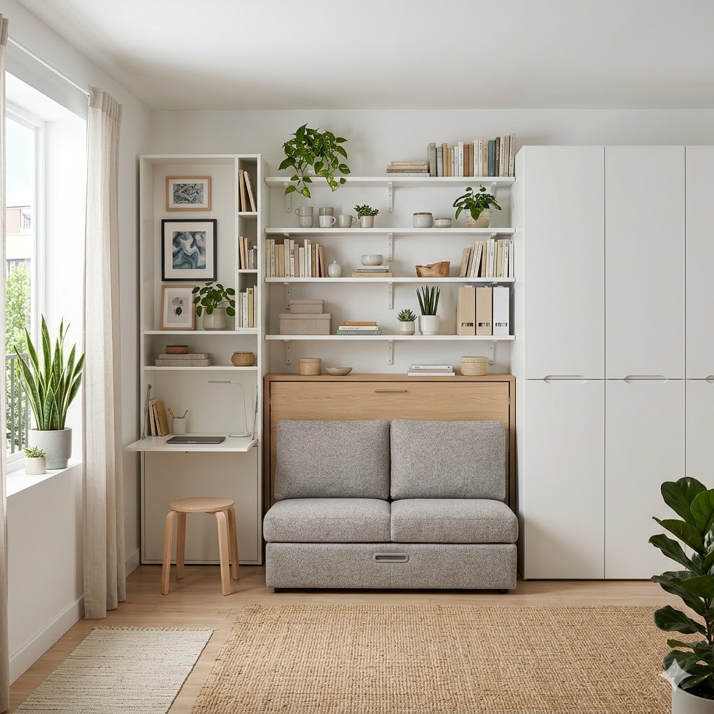 Wall-mounted shelves and tall cabinets in a small modern home, efficient vertical storage solution