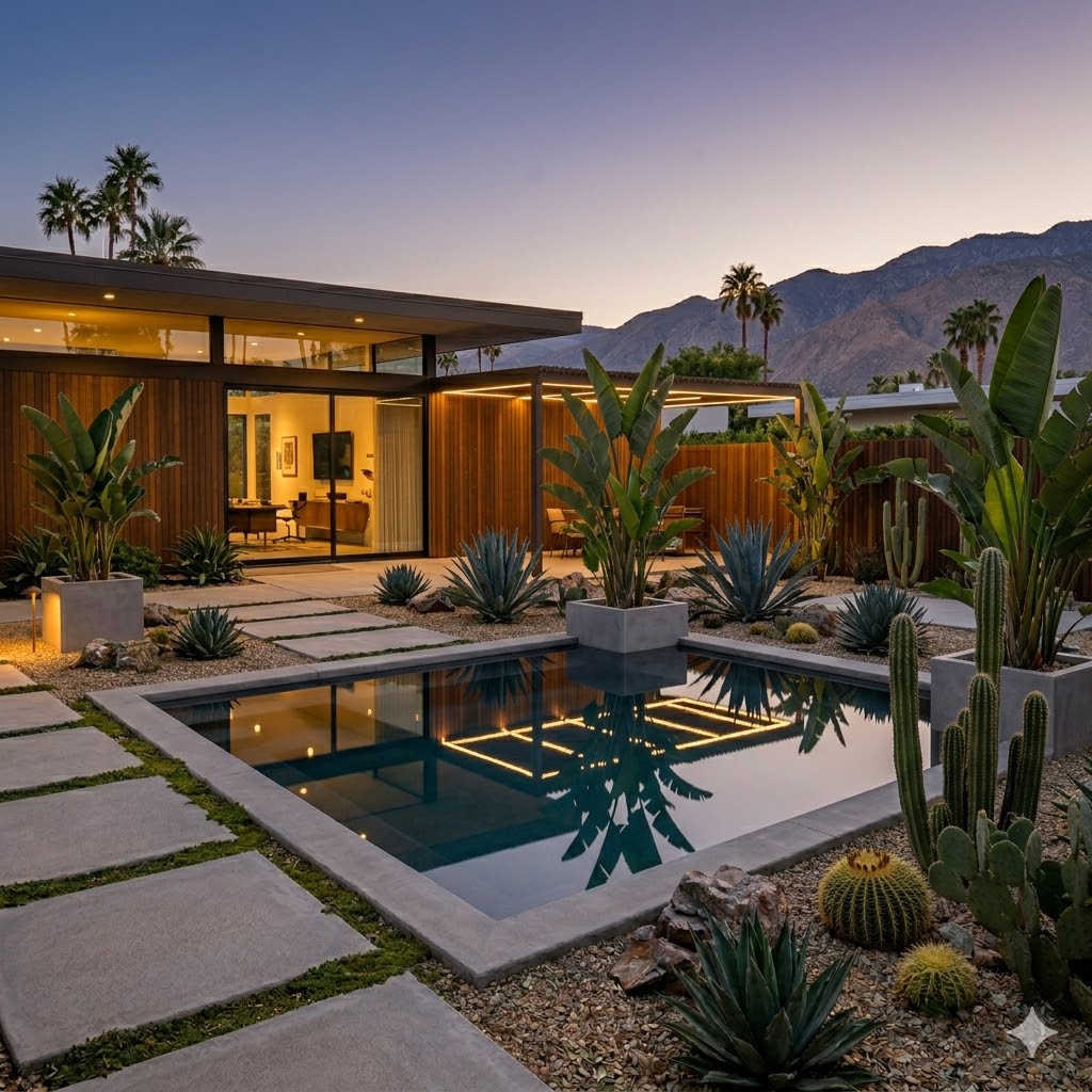 Luxury mid century garden with reflecting pool